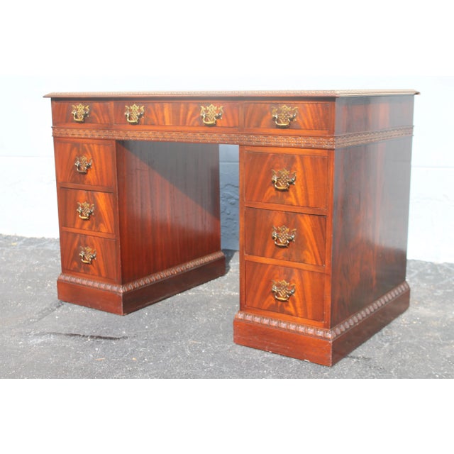 1940s Traditional Carved Wood 9 Drawer Writing Desk For Sale - Image 4 of 13