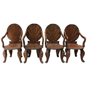 Set of Four 19th Century Italian Wood Grotto Armchairs