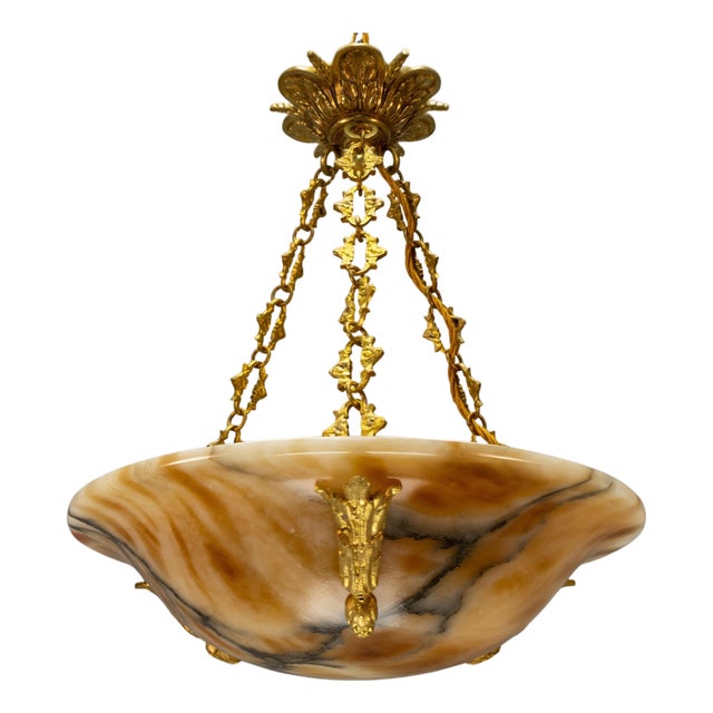 French Neoclassical Style Amber Alabaster and Bronze Pendant Light, 1920s For Sale