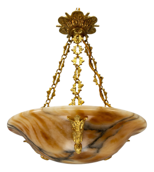 French Neoclassical Style Amber Alabaster and Bronze Pendant Light, 1920s