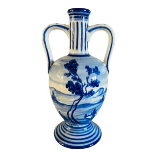 Vintage Mid Century Marmaca Blue & White Hand Painted Pottery Vase For Sale