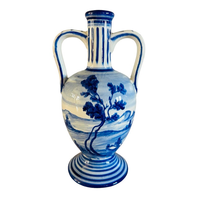 Vintage Mid Century Marmaca Blue & White Hand Painted Pottery Vase For Sale