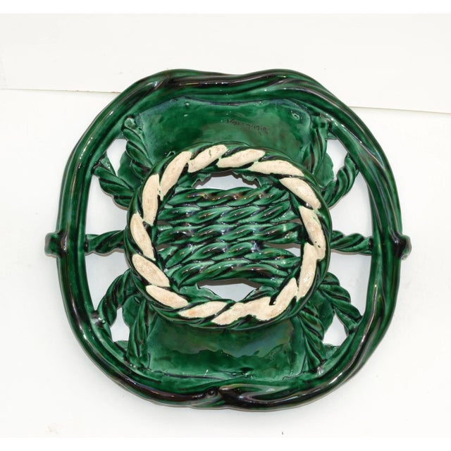 Vallauris France Glazed Woven Ceramic Basket Dark Green Fall Motif Pottery 70 For Sale - Image 9 of 12