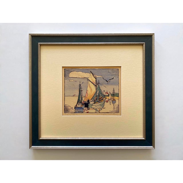 Robert Bruce Rogers Vintage 1932 " Drying Rigging, Provincetown " Waterfront Seascape Framed Original Signed Fine Art Woodblock Print For Sale - Image 14 of 14