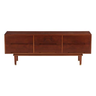 Figured Walnut Six Drawer Dresser Having Brass Capped Legs C 1960 For Sale