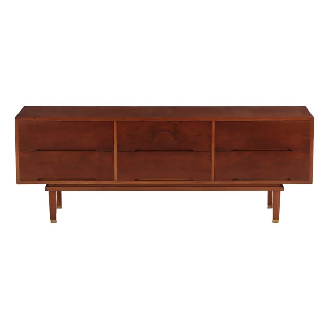 Figured Walnut Six Drawer Dresser Having Brass Capped Legs C 1960 For Sale