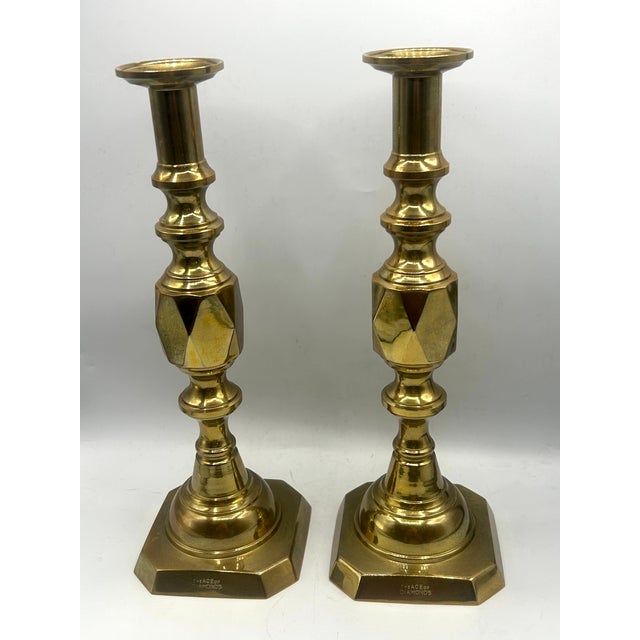 Pair of antique English brass "Ace of Diamonds" candlesticks, produced circa 1887 to commemorate Queen Victoria's Diamond...