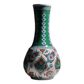Handmade Ceramic “Gonca” Vase (25cm) – Emerald Green Neck & Tulip Garden Pattern – Mediterranean Home Decor For Sale