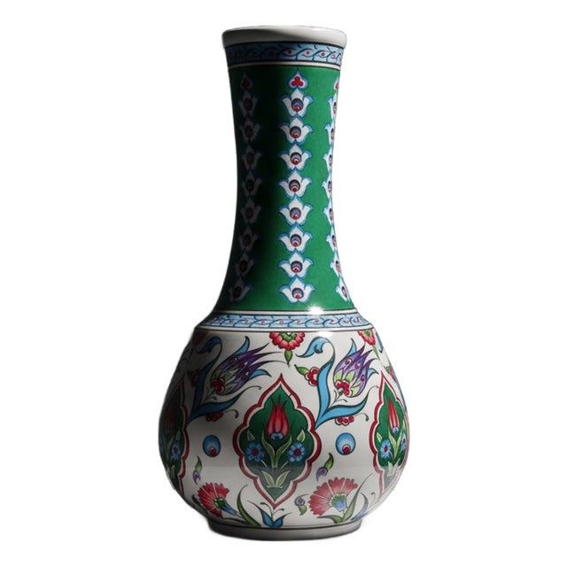 Handmade Ceramic “Gonca” Vase (25cm) – Emerald Green Neck & Tulip Garden Pattern – Mediterranean Home Decor For Sale