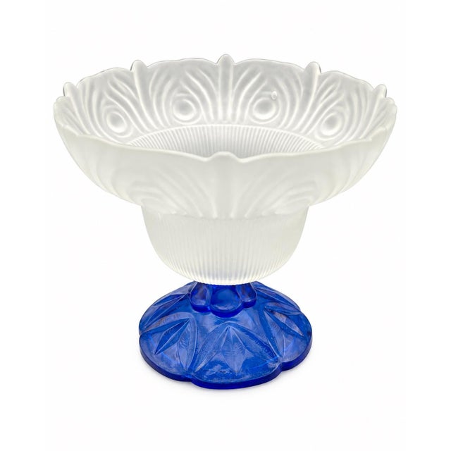Mid-Century Modern Vintage Frosted Glass Pedestal Bowl With Cobalt Blue Base For Sale - Image 3 of 6