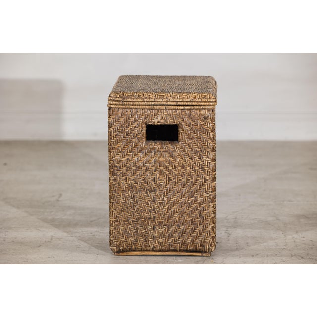 Folk Art Vintage Rattan Over Wood Storage Basket with Removable Lid and Side Handles For Sale - Image 3 of 17