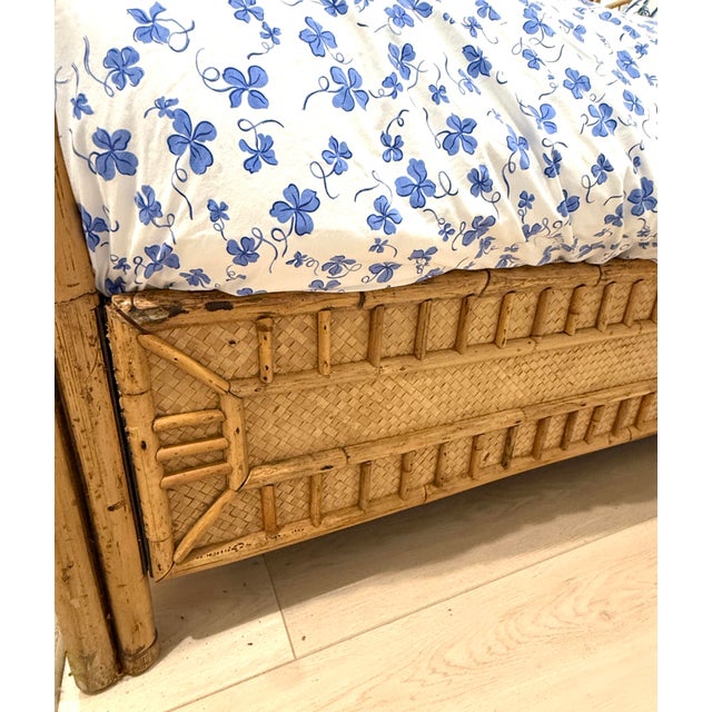 Beige Chinese Chippendale Fretwork Rattan Queen Bedframe For Sale - Image 8 of 11