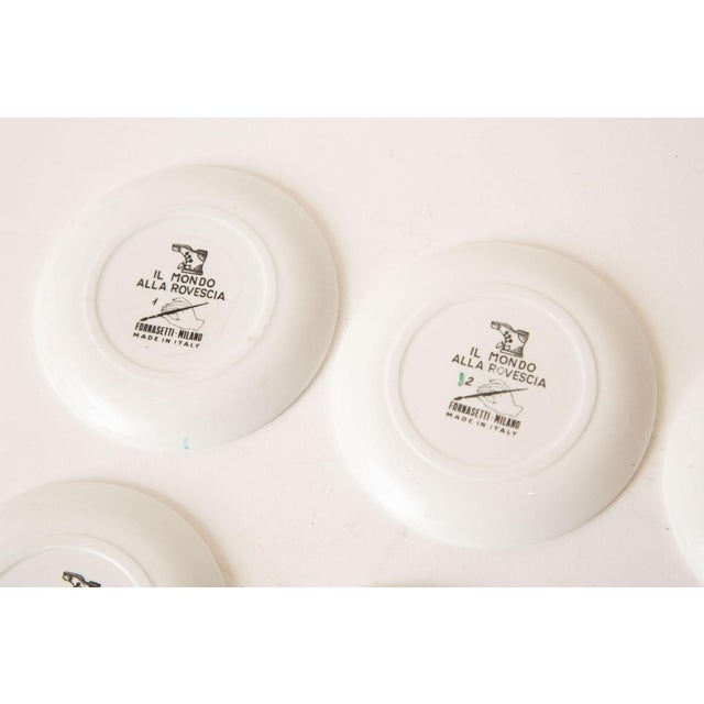 Vintage Piero Fornasetti Porcelain Colored Opera Coasters Il Mondo Alla Rovescia Set of 8 Italian MCM For Sale - Image 12 of 12