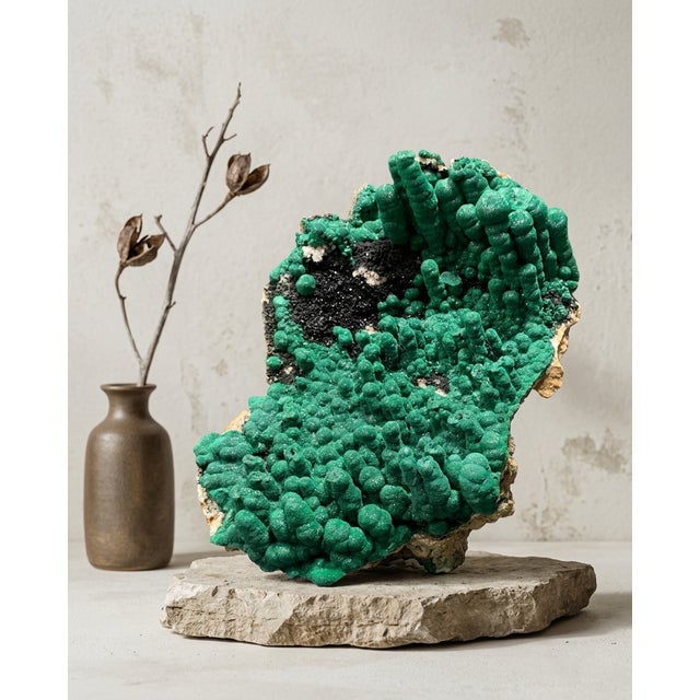 A sculptural natural Stalactitic Velvet Malachite specimen selected for its vivid emerald-green color, rounded botryoidal...