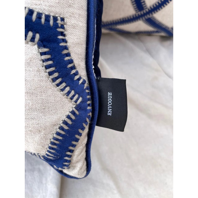 Blue Trio of Blue Velvet/Khaki Decor Pillows For Sale - Image 8 of 9