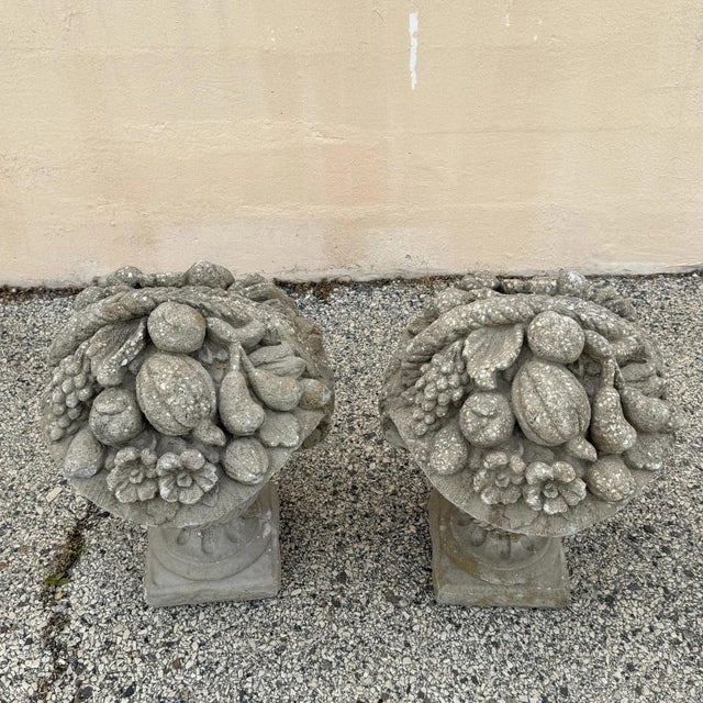 Vintage Cast Cement Stone 26" Fruit & Flower Basket Garden Lawn Ornament - Pair For Sale In Philadelphia - Image 6 of 15
