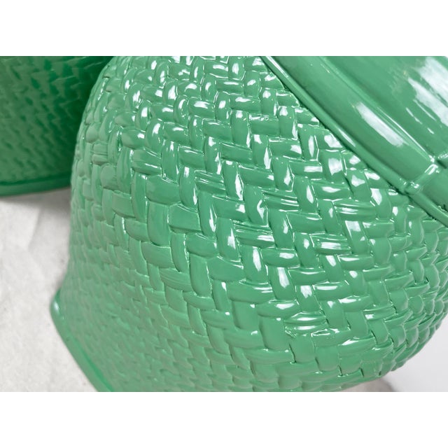 Late 20th Century Vintage Newly Lacquered Green Woven Basket Weave Style Lamps- A Pair For Sale - Image 5 of 7