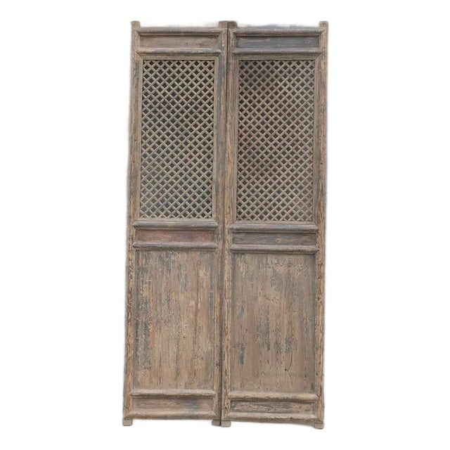 Pair of Antique Chinese Pine Trellis-Top Wall Panels/Doors/Screen For Sale