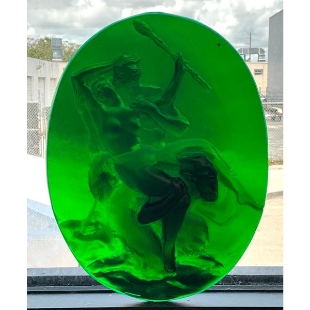 Vintage Green Glass Relief "Nymph With Two Satyrs" For Sale - Image 10 of 12