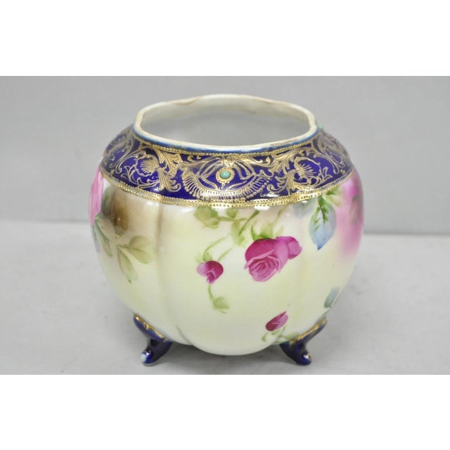 Antique Nippon Hand Painted Moriage Pink Rose Porcelain Biscuit Jar Vase For Sale - Image 9 of 16