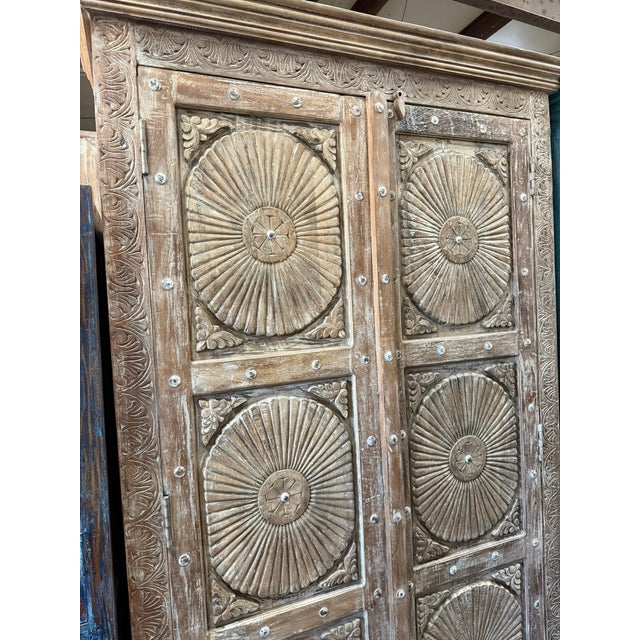 Brown Antique Sunburst Carved Cabinet – Vintage White Distressed Armoire Wardrobe For Sale - Image 8 of 11