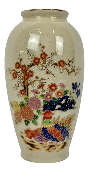 Japanese Porcelain Vase With Delicate Hand Painted Floral Spray on Craquelure Glaze