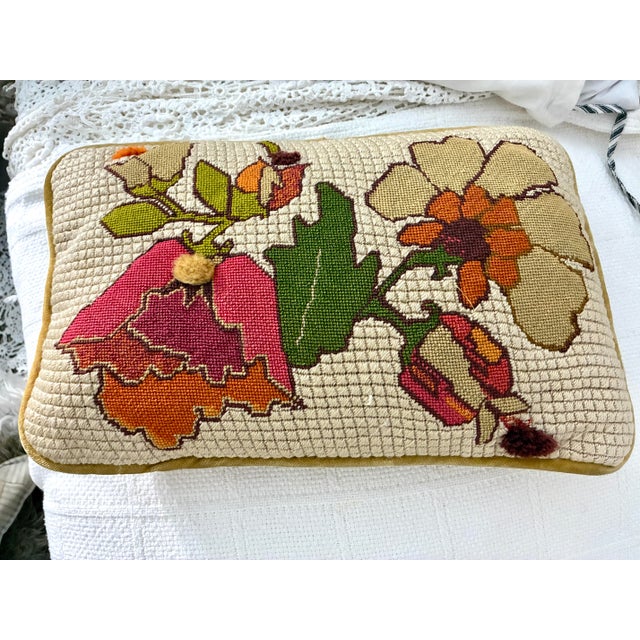 1970s Vintage Handmade Needlepoint Pillow Wool Back to Velvet Floral For Sale - Image 5 of 12