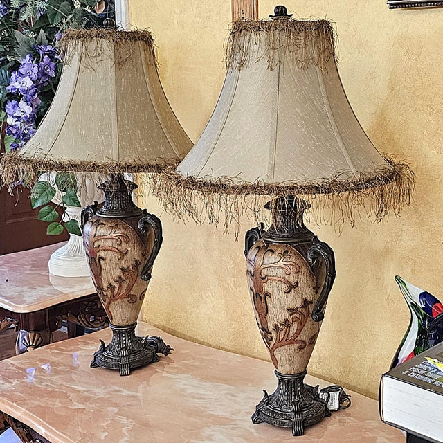 Pair of Vintage Neoclassical Urn Table Lamps With Decorative Fringe Shades For Sale - Image 10 of 18