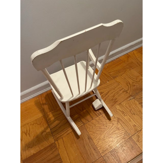 Wood 1970s Vintage White Wooden Children’s Nursery Rocking Chair With Black Etching and Music For Sale - Image 7 of 11