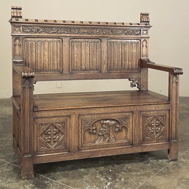 Mid 20th Century Antique Gothic Revival Carved Hall Bench For Sale - Image 5 of 18