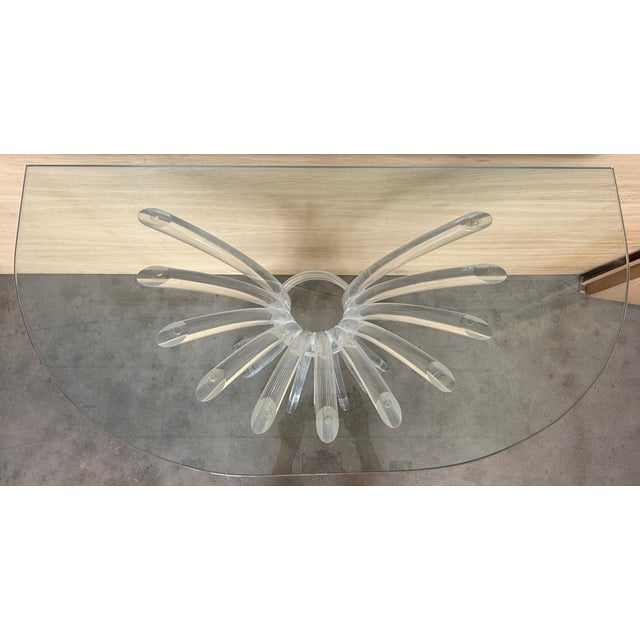 Mid 20th Century Demilune Console Table with Pedestal Lucite Base and Clear top Glass For Sale - Image 4 of 18