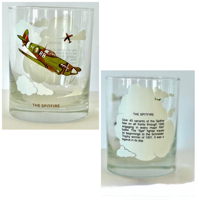World War II Wwii Planes B-25, Spitfire, Me-109, Zero, B-17, Curtis P-40, Double Old Fashion Lowball Glasses Set of 6 Mid Century Modern For Sale - Image 9 of 14