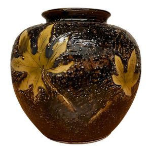 Japanese Textured Ceramic Vase With Maple Leaf Motif