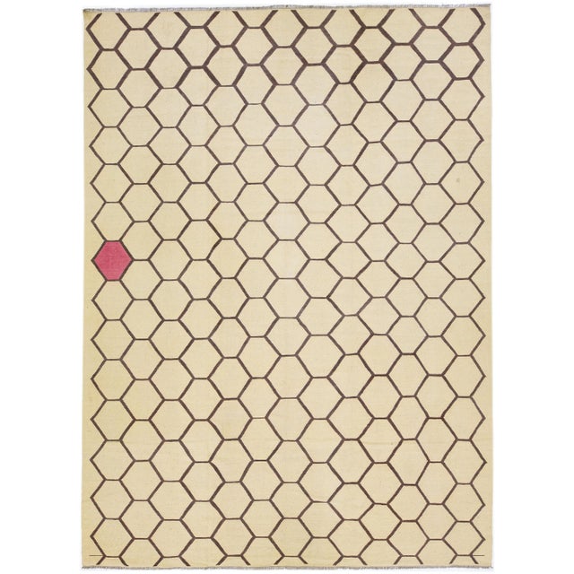 Textile 2020s Contemporary Beige Turkish Kilim Wool Rug With Geometric Design For Sale - Image 7 of 7
