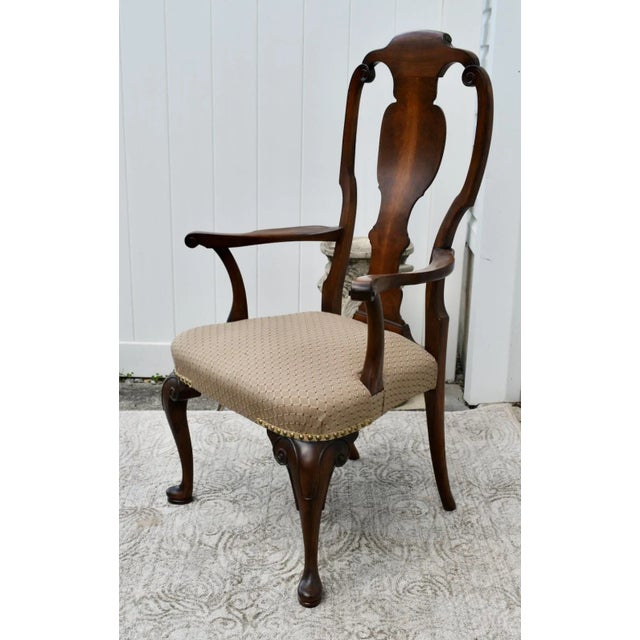 Queen Anne Walnut Queen Anne Armchair Desk Dining Chair Brass Stud Accents Vintage 1960s For Sale - Image 3 of 12