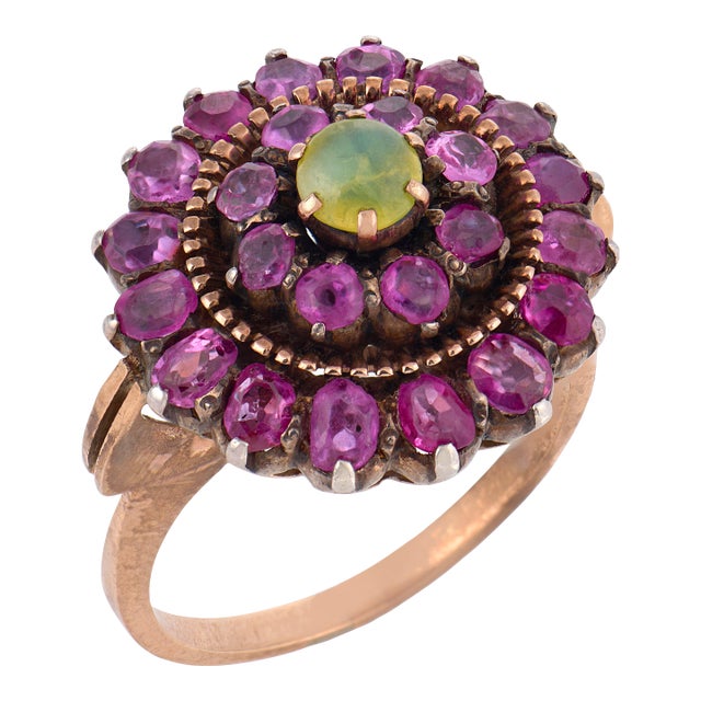 Late 19th Century Victorian Cats Eye Chrysoberyl Ruby Low Karat Gold and Silver Halo Ring, Size 6.5 For Sale