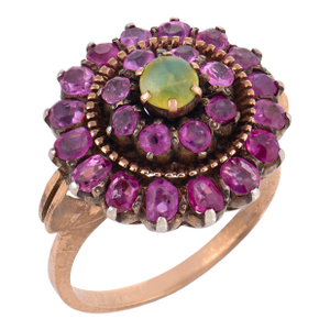 Late 19th Century Victorian Cats Eye Chrysoberyl Ruby Low Karat Gold and Silver Halo Ring, Size 6.5