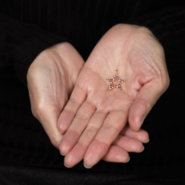 Multi Gemstone Star Pendant Estate 14k Gold Emerald Ruby Sapphire Fine Jewelry For Sale - Image 4 of 4