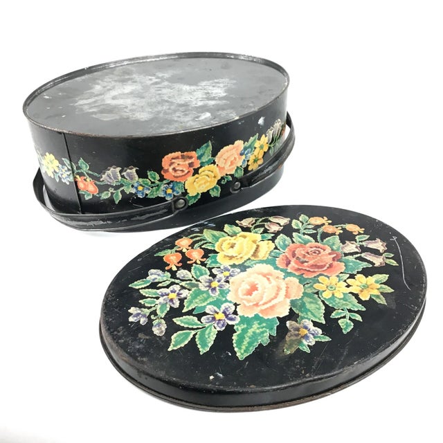 Antique Toile Transfer-Ware Covered Tin Basket For Sale - Image 4 of 13