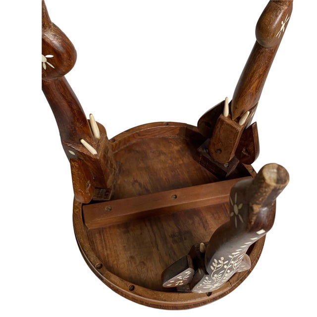 1960s Anglo-Indian Teak Carved Side Table – Elephant, Peacock & Bone Inlay | Small Accent Table or Plant For Sale In West Palm - Image 6 of 7