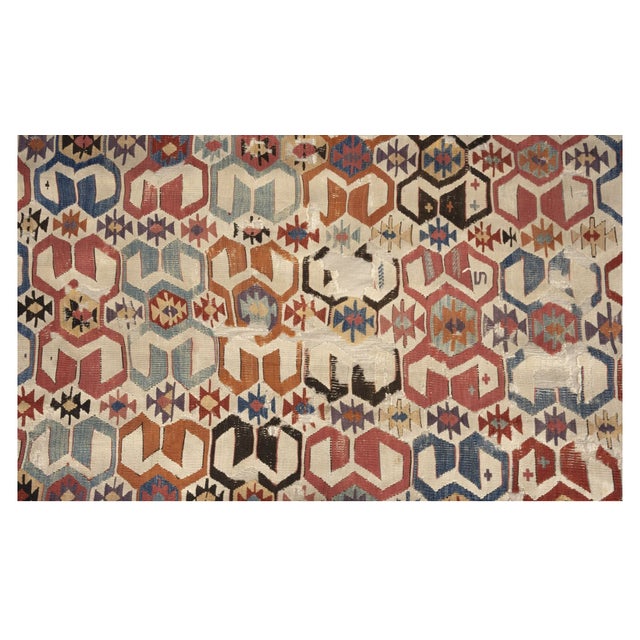 Handwoven in wool, this 6x14 antique Turkish kilim, dating to circa 1800-1900, is a striking example of early Anatolian...