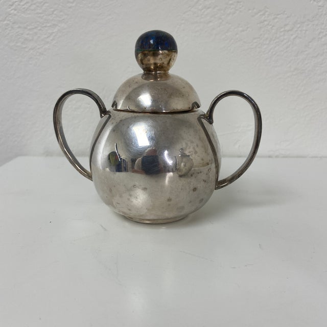 Mid-Century Modern Mid 20th Century Los Castillo Taxco Silverplate Sugar & Creamer With Stone Inlay- 2 Pieces For Sale - Image 3 of 12
