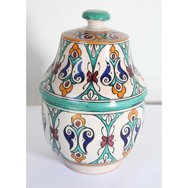 Glazed Moorish Ceramic Covered Jar Handcrafted in Fez Morocco For Sale - Image 11 of 15