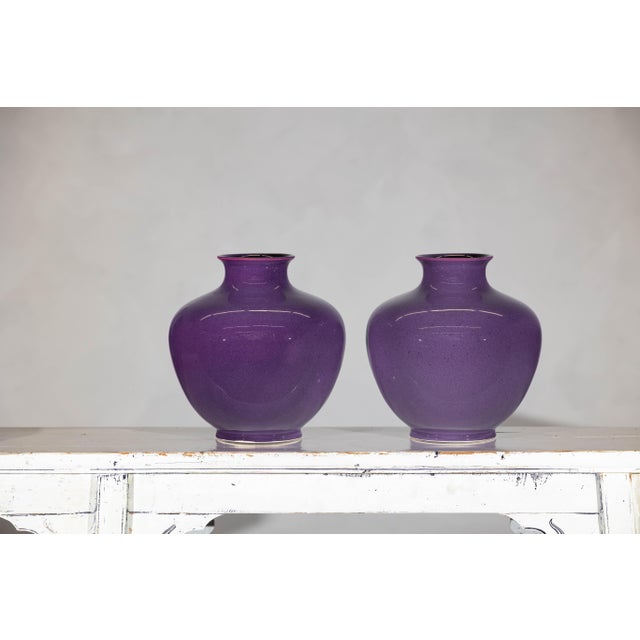 Pair of Purple Ceramic Vases with Glossy Finish and Rounded Bellies For Sale - Image 10 of 12