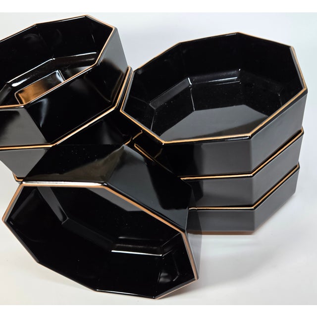 Black Modern Gold Rimmed Black Glass Bowls- Set of Eight For Sale - Image 8 of 12
