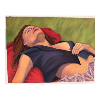 Contemporary Figurative Painting in Oil Stick on Gessoed Paper, "Clare Reclining on Red Cloth" by Teresa DiMarco For Sale