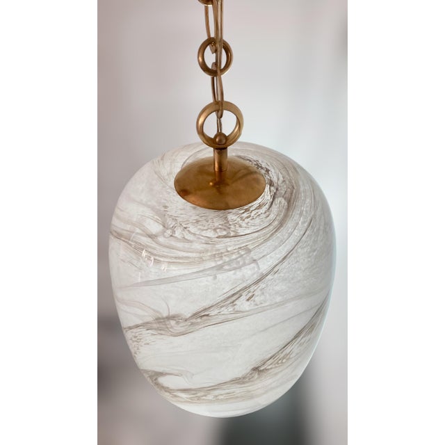Italian Handblown Faux Alabaster Glass Pendant Lamp With Brass Chain and Fittings For Sale - Image 9 of 16