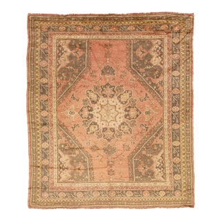 10 X 11 Turkish Oushak Antique Wool Rug in Peach With Medallion Motif For Sale