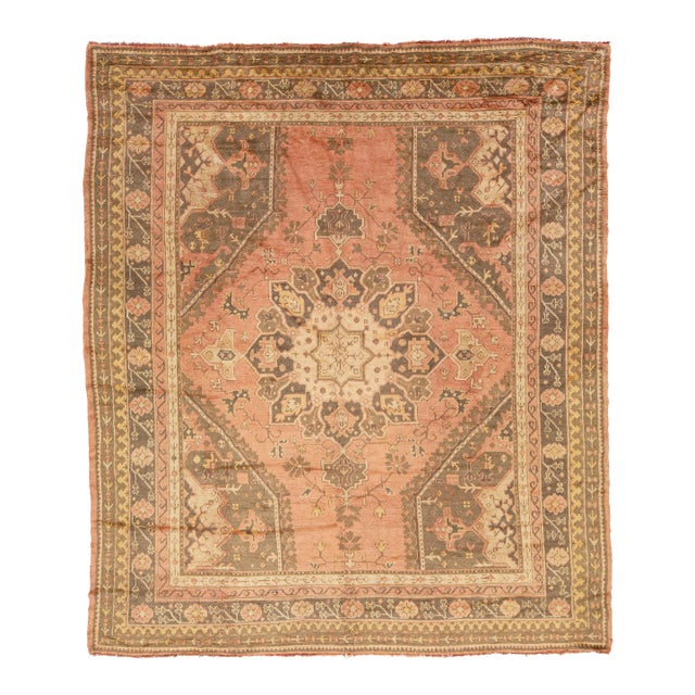 10 X 11 Turkish Oushak Antique Wool Rug in Peach With Medallion Motif For Sale