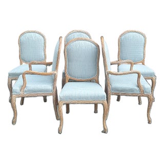 Vintage Italian Louis XV Faux Bois Scalamandre Newly Upholstered Dining Chairs - Set of 6 For Sale
